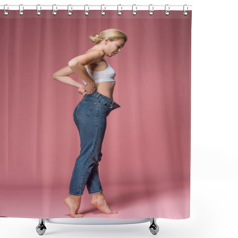 Personality  Beautiful Slim Woman Posing In Jeans, On Pink Shower Curtains