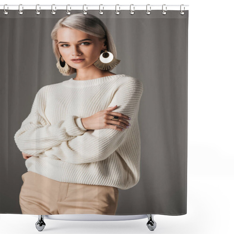 Personality  Attractive Girl Posing In White Knitted Sweater And Round Earrings, Isolated On Grey Shower Curtains