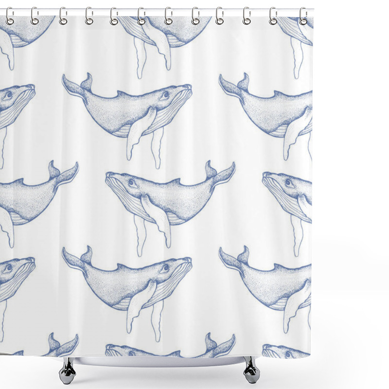 Personality  Seamless Pattern With Hand Drawn Humpback Whales. Vector With Animal Underwater. Illustration For Wallpaper, Web Page Background, Surface Textures, Textile Shower Curtains