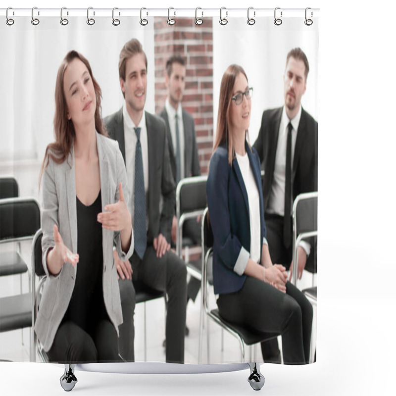 Personality  Male And Female Colleagues Discussing Document At Team Meeting O Shower Curtains