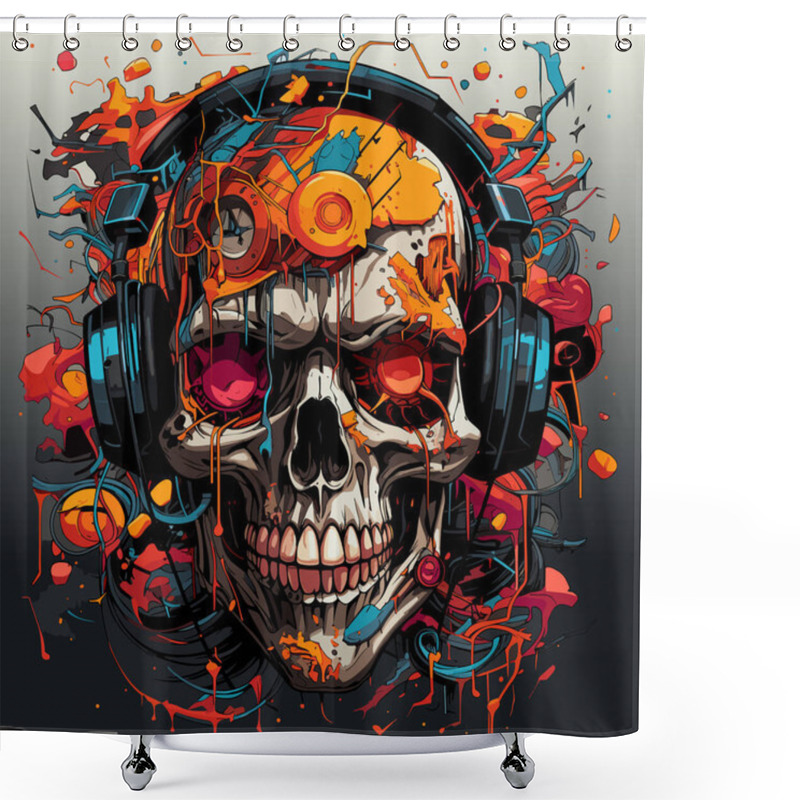 Personality  Skull Wearing Headphones And Headphones With Splash Of Paint On It. Shower Curtains