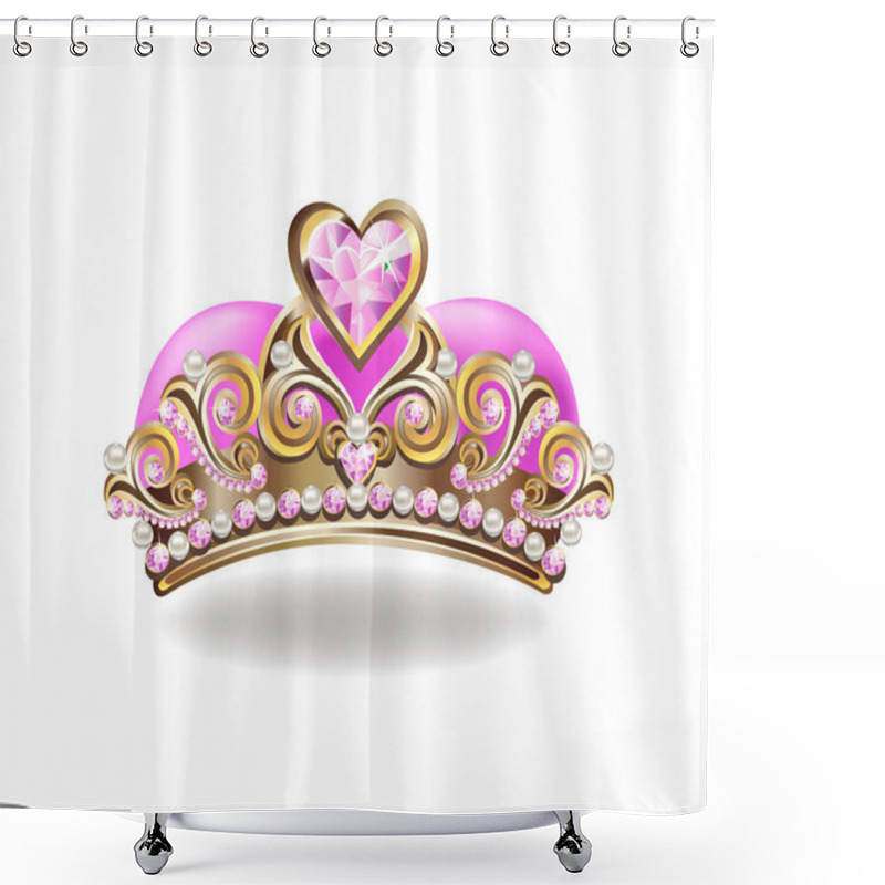 Personality  Beautiful Golden Princess Crown With Pearls And Pink Jewels. Vector Illustration On White Background. Shower Curtains