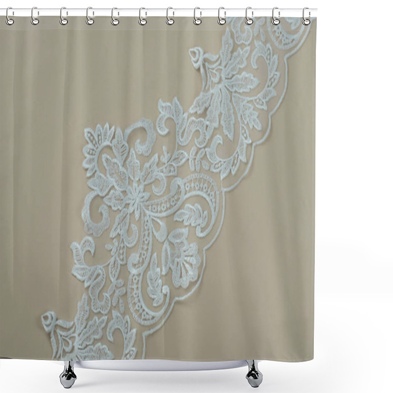 Personality  Texture Lace Fabric. Lace On White Background Studio. Thin Fabric Made Of Yarn Or Thread. A Background Image Of Ivory-colored Lace Cloth. White Lace On Beige Background. Shower Curtains