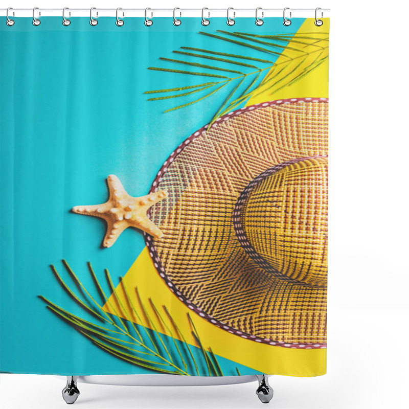 Personality  Summer Composition. Tropical Palm Leaves, Straw Beach Hat, Starfish On Pastel Blue And Yellow Background. Concept Summer Trip. Flat Lay, Top View, Copy Space. Shower Curtains