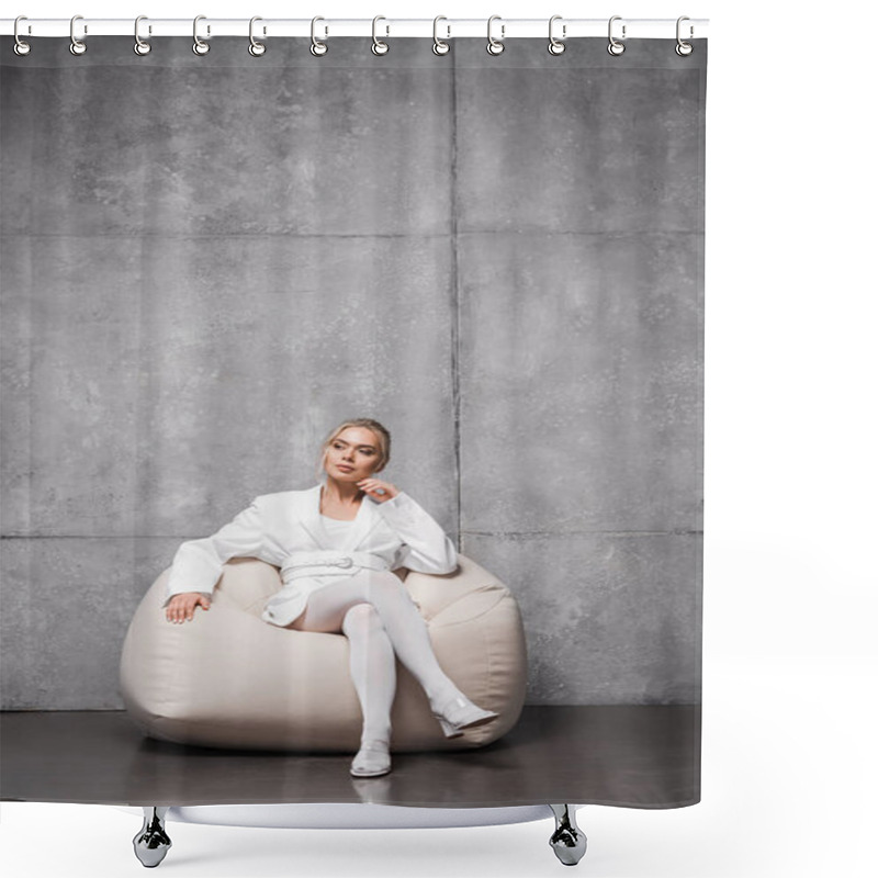 Personality  Pensive Blonde Woman Sitting On Soft Bean Bag Chair On Grey  Shower Curtains