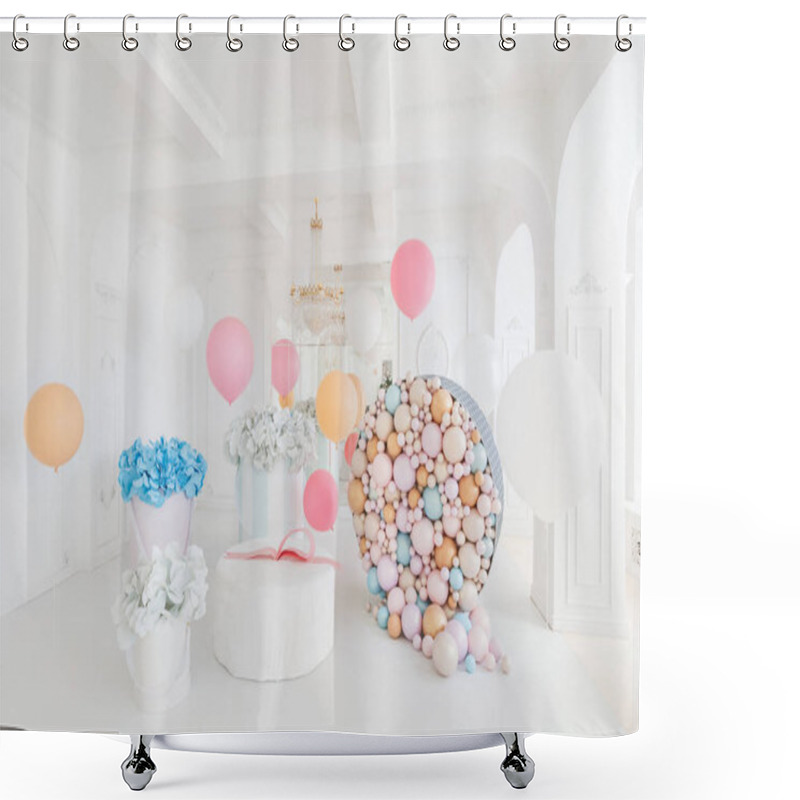 Personality  Boxes With Flowers And A Large Pudrinitsa With Balls And Balloons In Room Decorated For Birthday Party. Shower Curtains