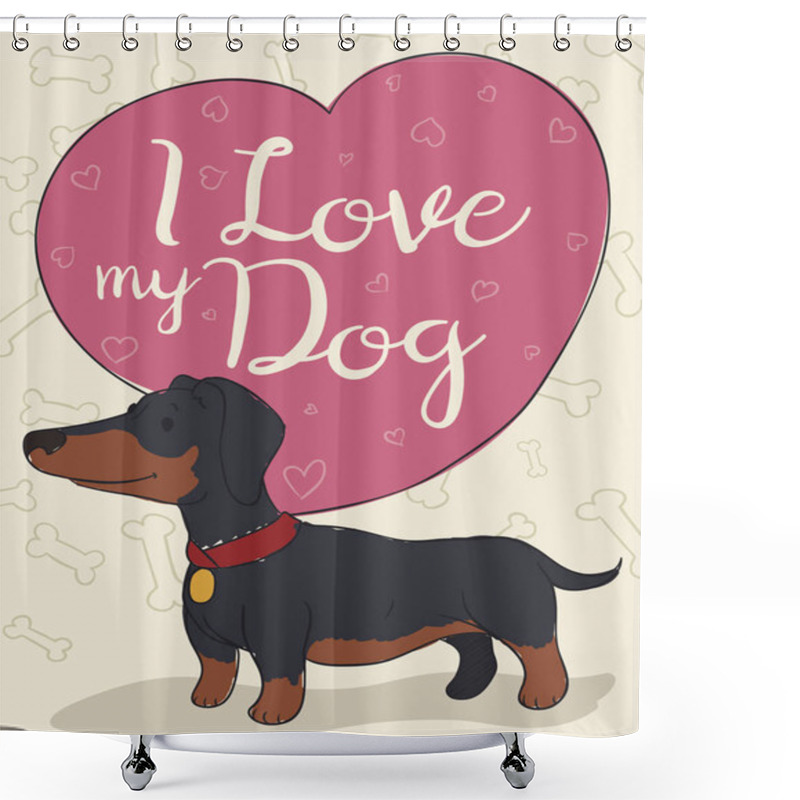 Personality  Cute Wiener Dog Or Dachshund With Heart Shaped Bubble Speech In Love With His Master, Showing True Love Between Humans And Animals. Shower Curtains