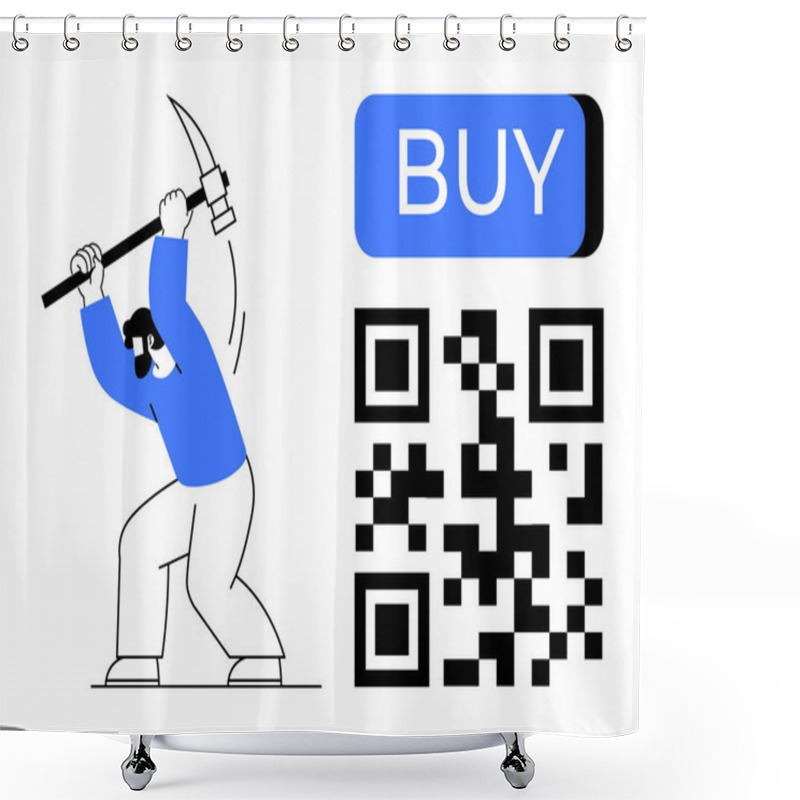 Personality  Man With Pickaxe Standing Beside QR Code And Blue BUY Button. Ideal For E-commerce, Digital Marketing, Online Shopping, Transactions, Web Engagements, App Promotions, Mobile Payments. Line Metaphor Shower Curtains