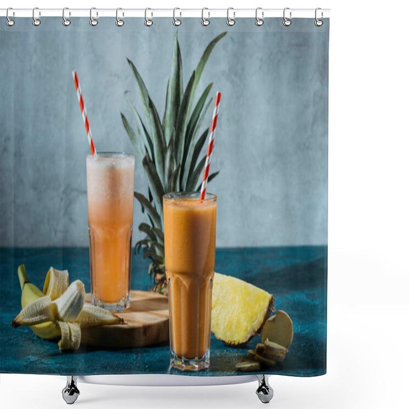 Personality  Healthy Fruit Juice In Glasses By Tropical Fruits On Table Shower Curtains