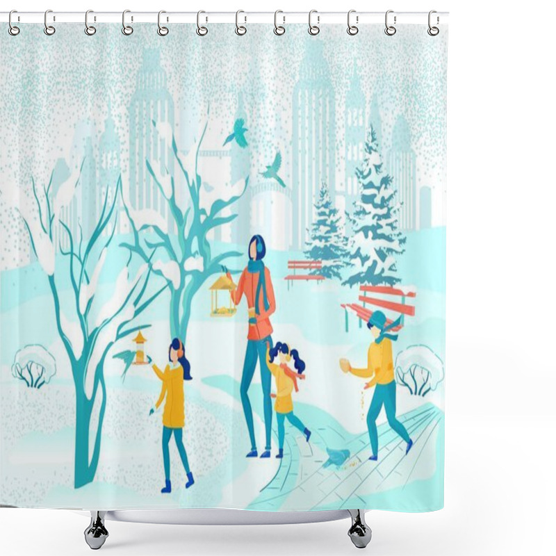 Personality  Mom And Kids Feeding Birds In Winter City Park Shower Curtains