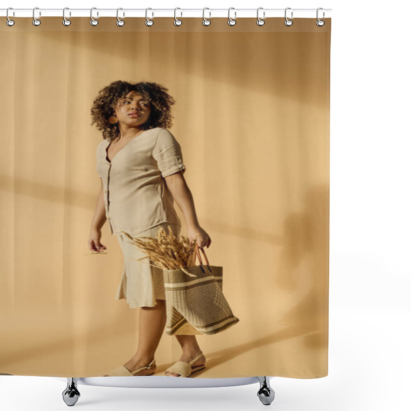 Personality  A Beautiful Young African American Woman In A Summer Dress, Holding A Basket Filled With Golden Wheat. Shower Curtains