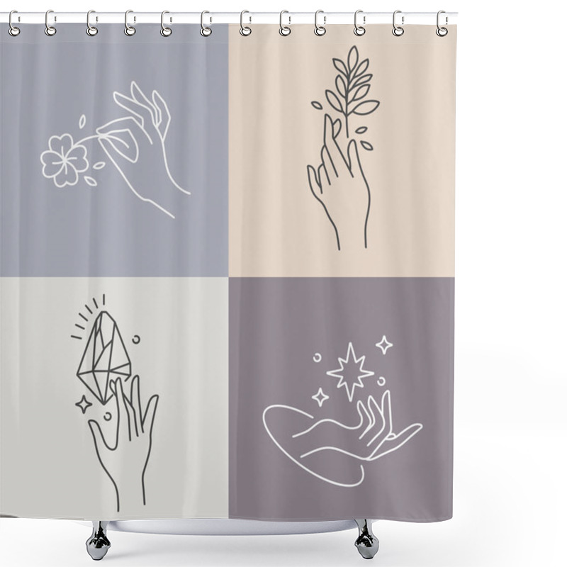 Personality  Vector Design Linear Template Logos Or Emblems - Hands In In Different Gestures. Abstract Symbol For Cosmetics And Packaging Or Beauty Products. Shower Curtains