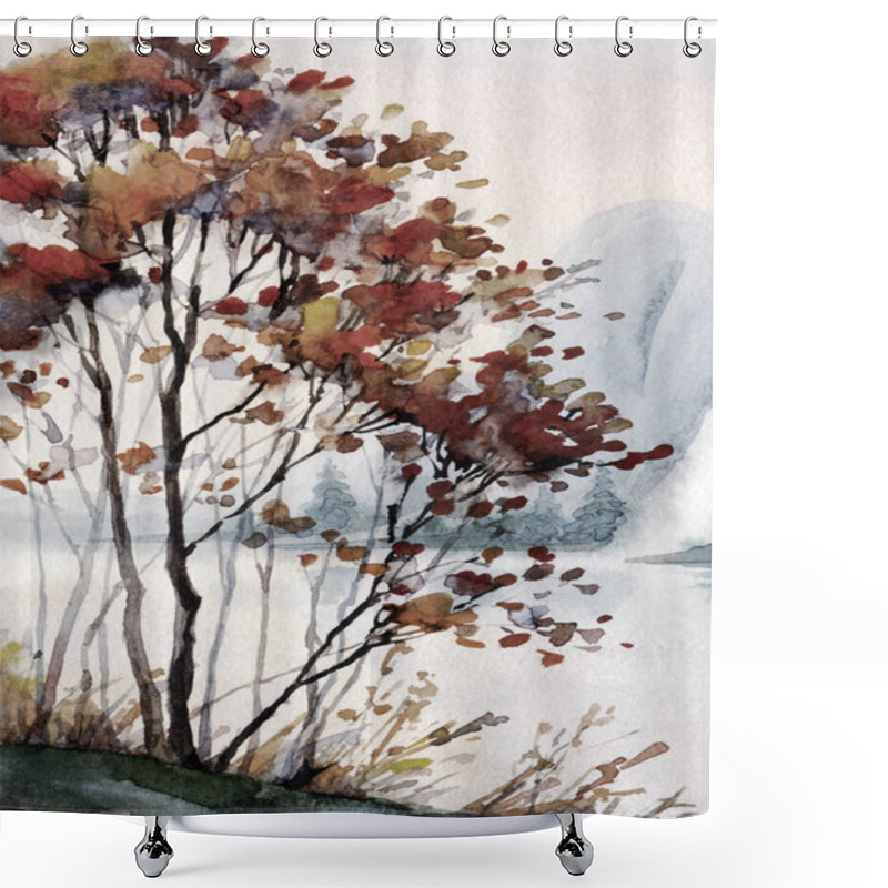 Personality  Watercolour Paint Cloudy Haze Rocky Sea Bay Scene Paper Backdrop Text Space. Hand Drawn Dark Red Color Mist Sky Canyon Valley Cascade Creek. Outdoor Wild Bush Plant Country View Sketch Graphic Artwork Shower Curtains