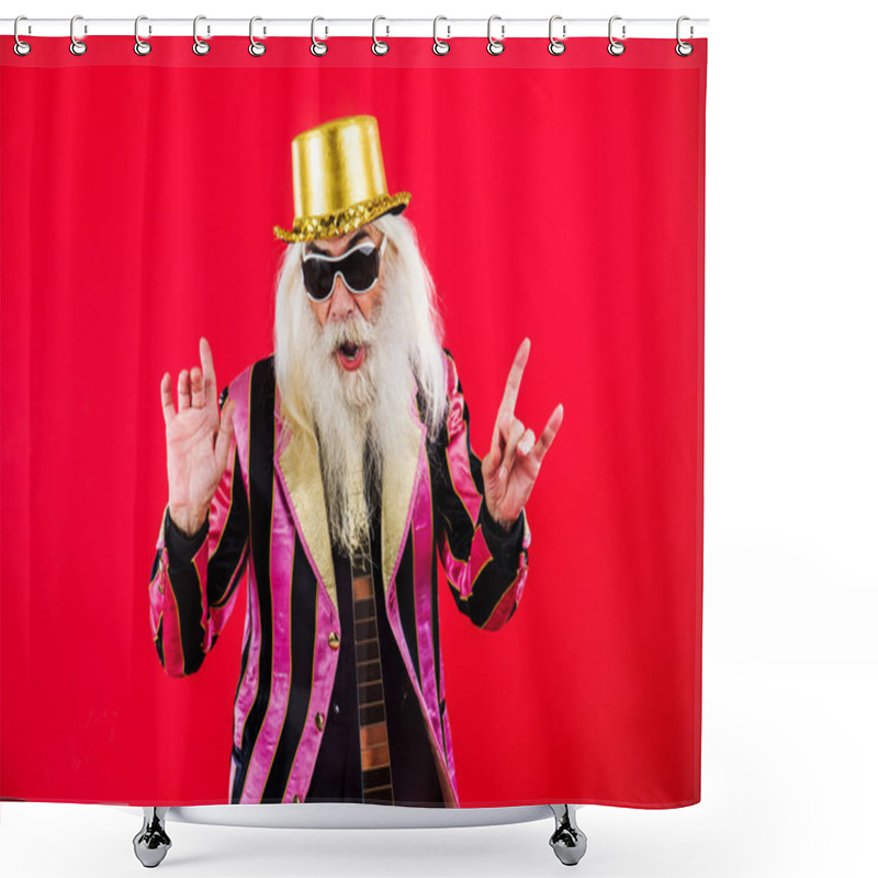 Personality  Senior Man With Eccentric Look  - 60 Years Old Man Having Fun, Portrait On Colored Background, Concepts About Youthful Senior People And Lifestyle Shower Curtains