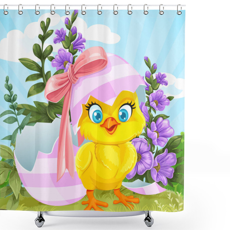 Personality  Cute Baby Chick Hatched From An Easter Egg On A Green Lawn With Flowers Shower Curtains