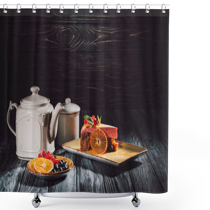 Personality  Carrot Cake With Berry Filling On Plate, Orange Slices, Blueberries And Cranberries On Saucer Near Teapot On Wooden Table Shower Curtains