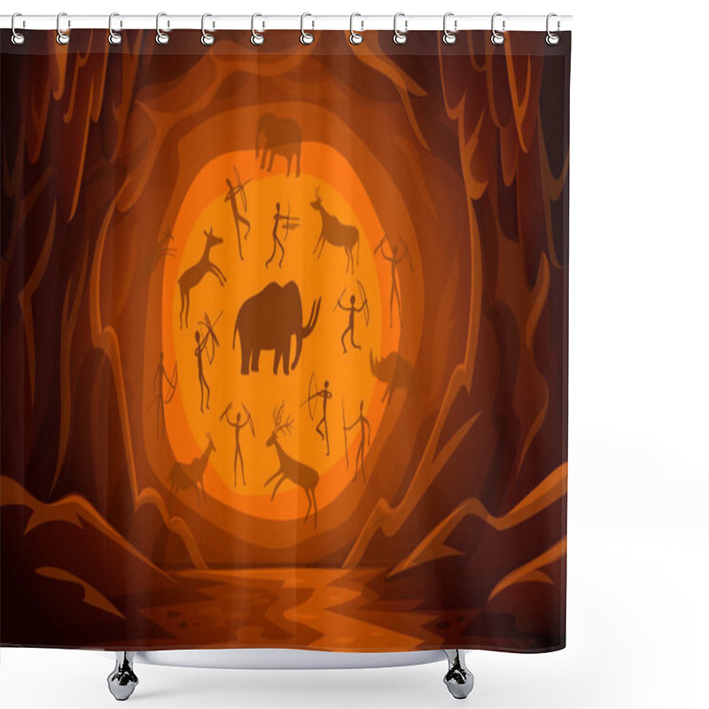 Personality  Cave With Cave Drawings. Cartoon Mountain Scene Background Primitive Cave Paintings. Ancient Petroglyphs. Shower Curtains