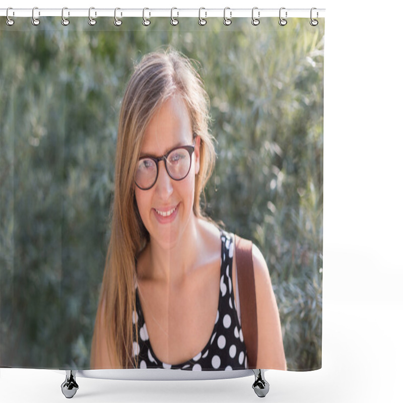 Personality  Charming Smiling Woman In Glasses Shower Curtains