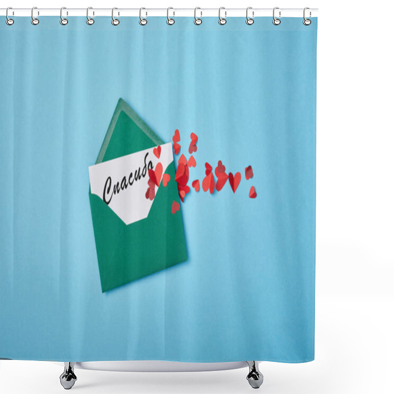 Personality  Green Envelope With Thanks Lettering In Russian On White Card And Red Paper Hearts On Blue Background Shower Curtains