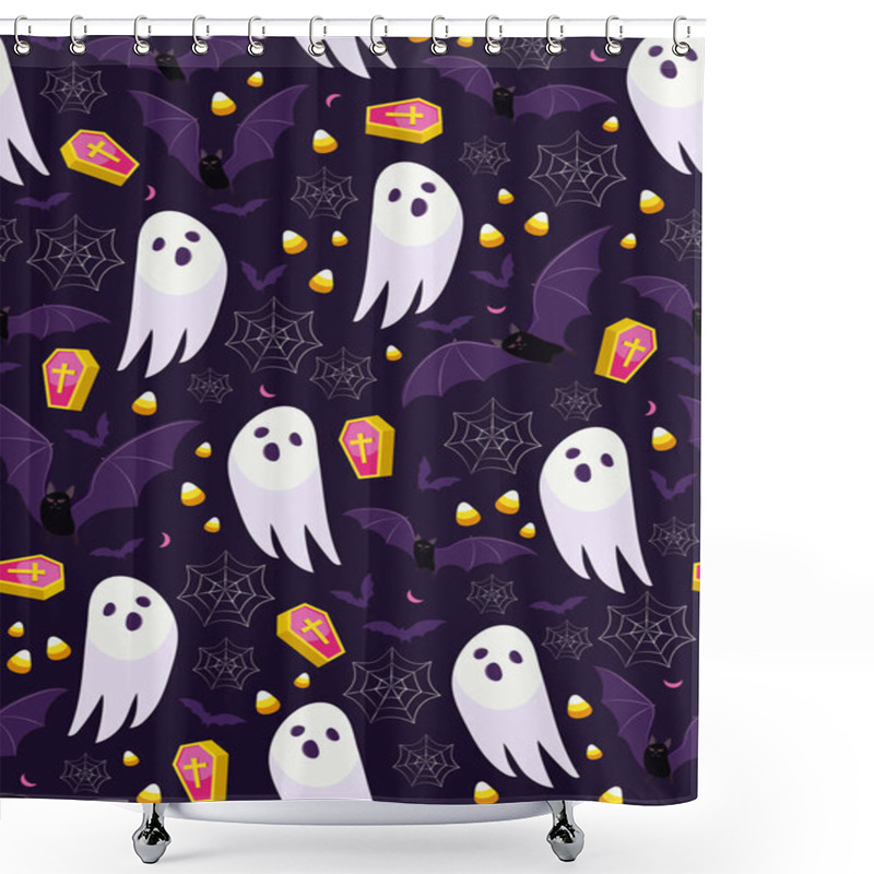 Personality  Halloween Ghost Seamless Pattern On Purple Background. Cute Halloween Ghost And Decoration Pattern Background. Halloween Theme Design Vector Illustration Shower Curtains