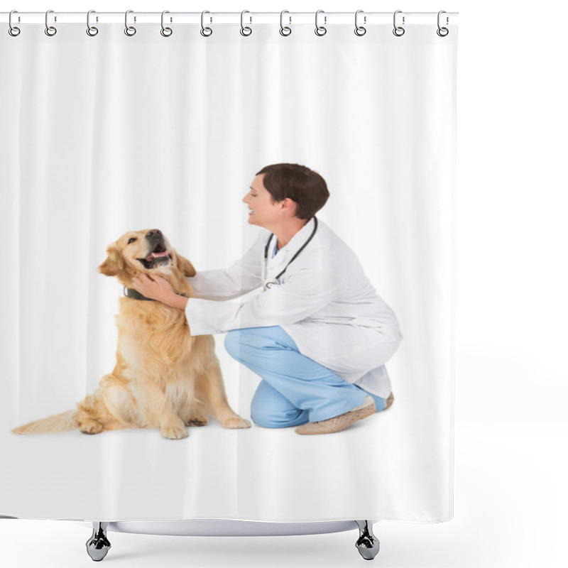 Personality  Veterinarian Crouching With A Dog Shower Curtains