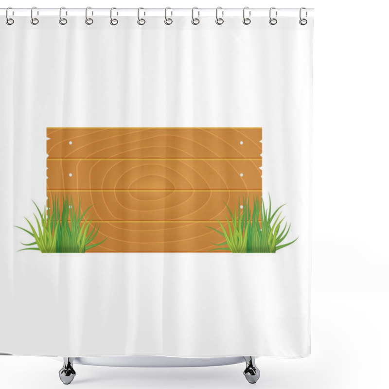 Personality  Wooden Blank Board Sign Spring Time With Grass. Vector Illustration. Shower Curtains