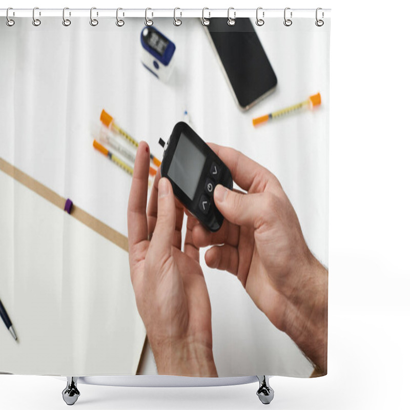 Personality  A Young Man With Diabetes Checks His Blood Sugar While Preparing For Daily Tasks At Home. Shower Curtains