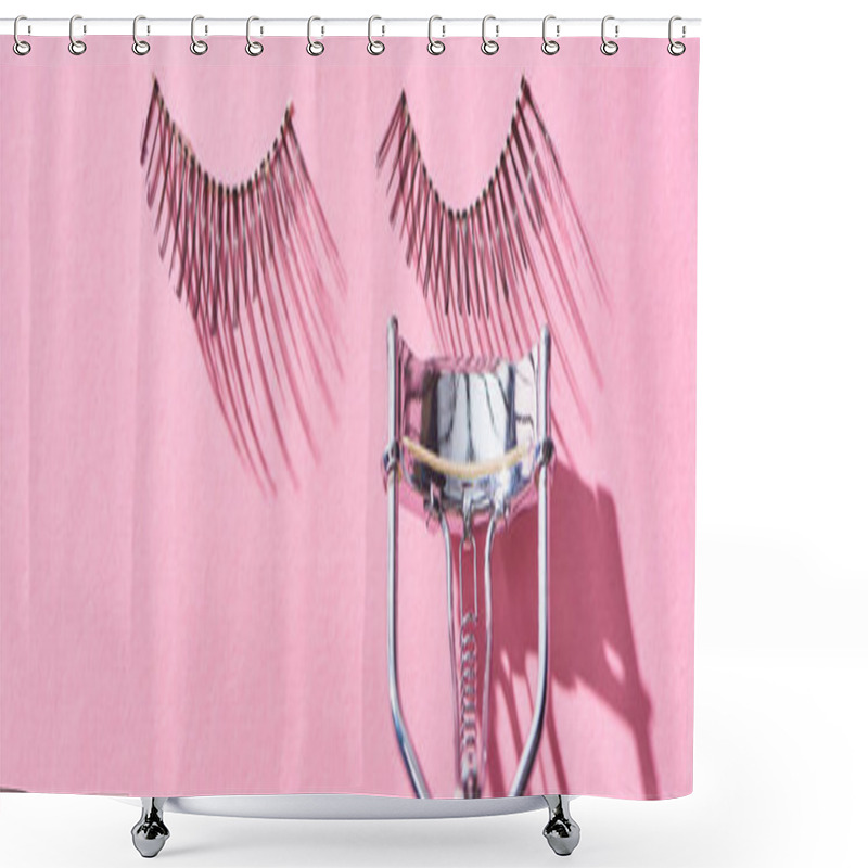 Personality  Panoramic Shot Of False Eyelashes And Eyelash Curler On Pink Background  Shower Curtains