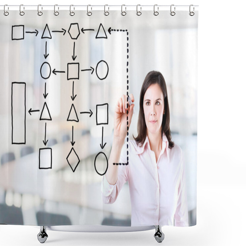 Personality  Young Business Woman Writing Process Flowchart Diagram On Screen. Office Background. Shower Curtains