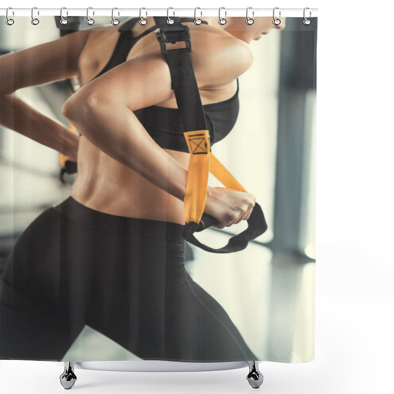 Personality  Blonde Fitness Woman Training With Trx Fitness Straps Shower Curtains