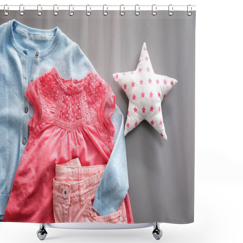 Personality  Composition With Fashionable Children Clothes On Grey Background Shower Curtains