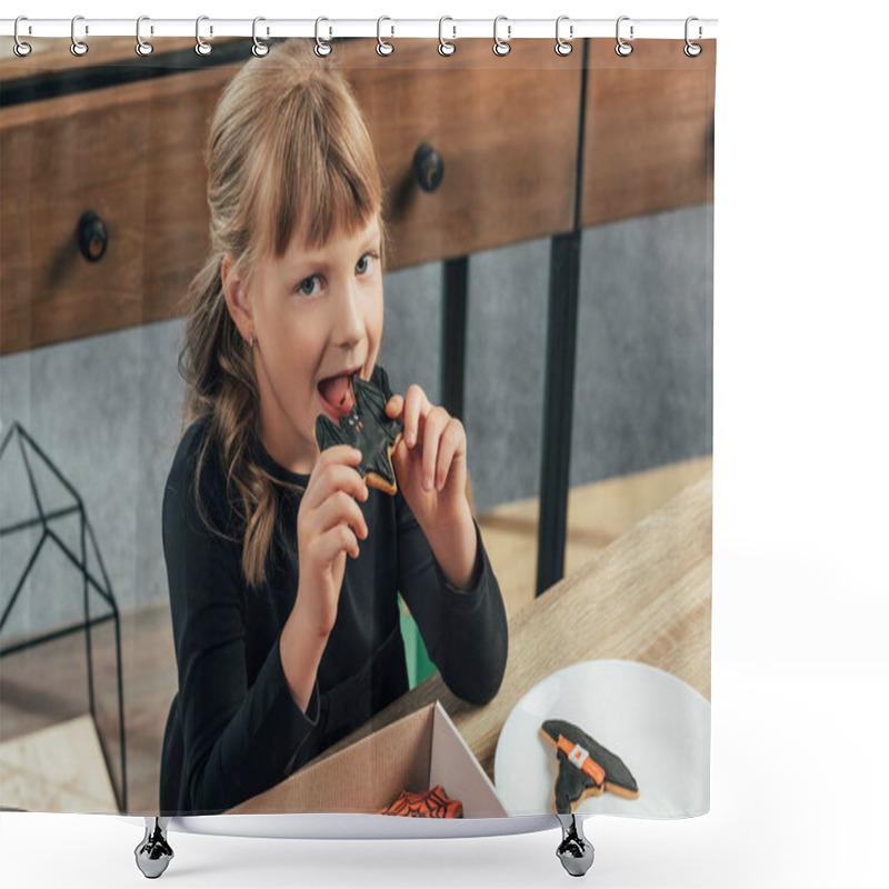 Personality  Cute Child Eating Halloween Cookie And Looking At Camera At Home Shower Curtains