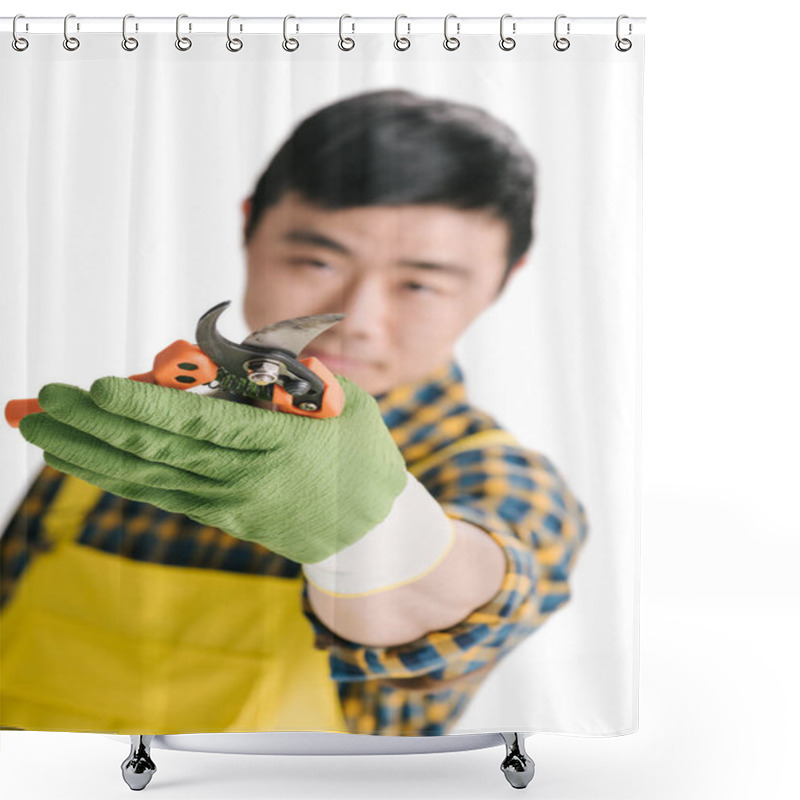 Personality  Handsome Asian Gardener With Secateurs Shower Curtains