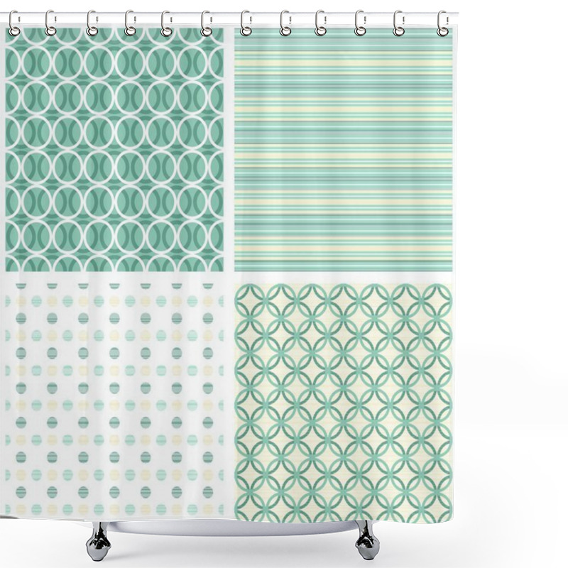 Personality  Turquoise White Beige Stripes Dots Circles Retro Traditional Geometric Seamless Pattern Set Shower Curtains