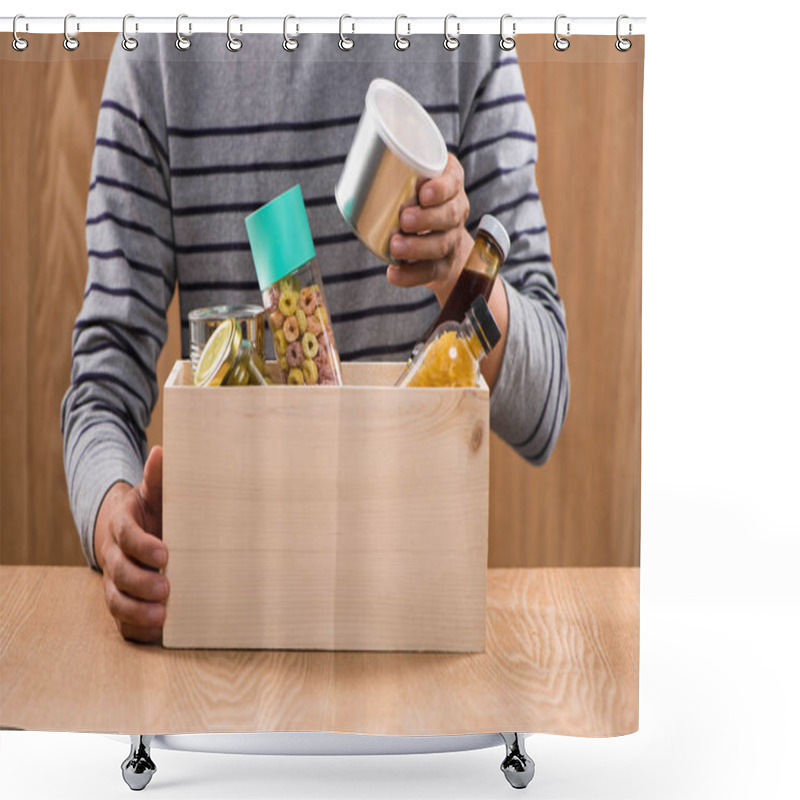 Personality  Volunteer Putting Foodstuffs In Box Shower Curtains