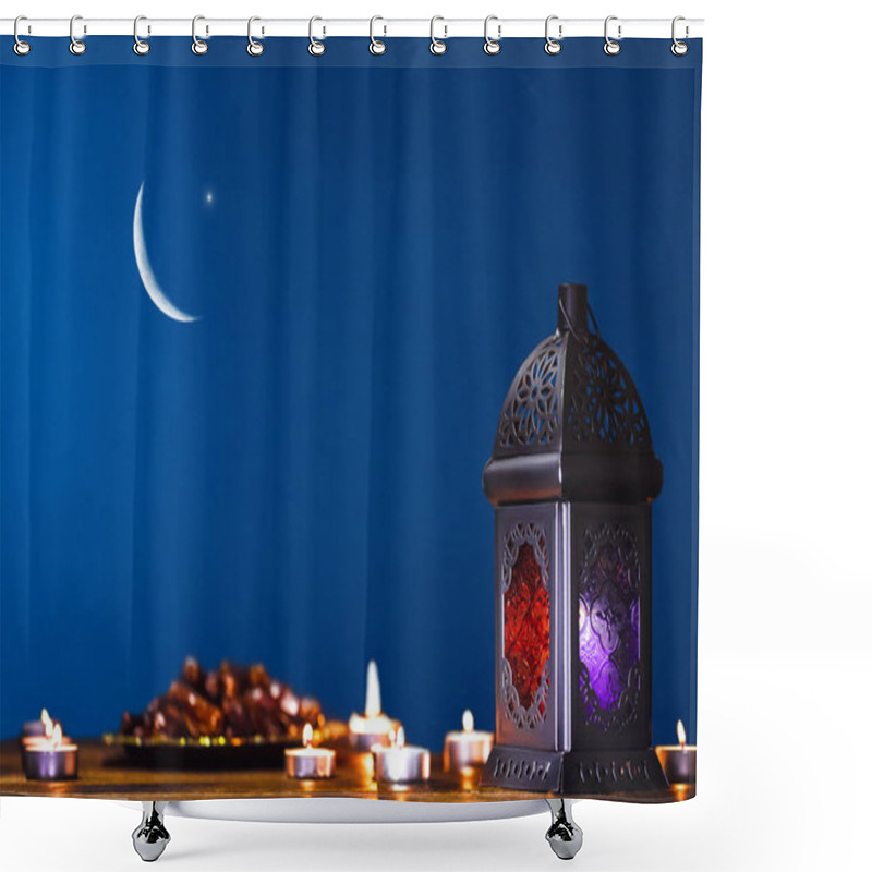 Personality  Moroccan, Arabic Lantern And Dates On On An Old Wooden Table With The Night Sky And The Crescent Moon And The Star Behind. Greeting Card For Muslim Community Holy Month Ramadan Kareem. Free Space Shower Curtains