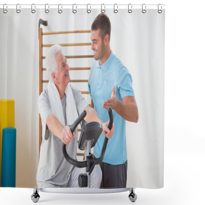 Personality  Senior Man Doing Exercise Bike With His Trainer  Shower Curtains