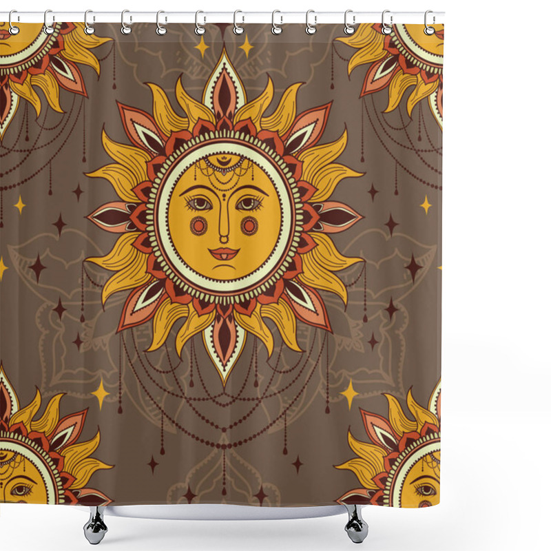 Personality  Esoteric Seamless Pattern With Face Of Sun And Royal Ornament, Boho Style, Vector Illustration Shower Curtains