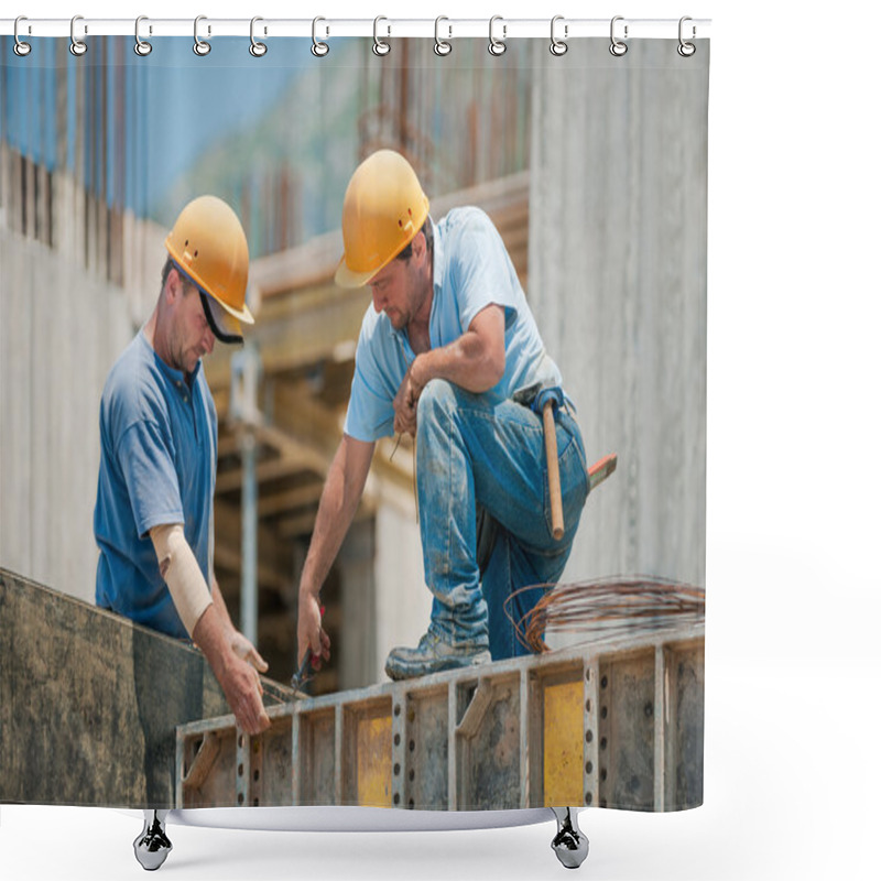 Personality  Two Construction Workers Installing Concrete Formwork Frames Shower Curtains