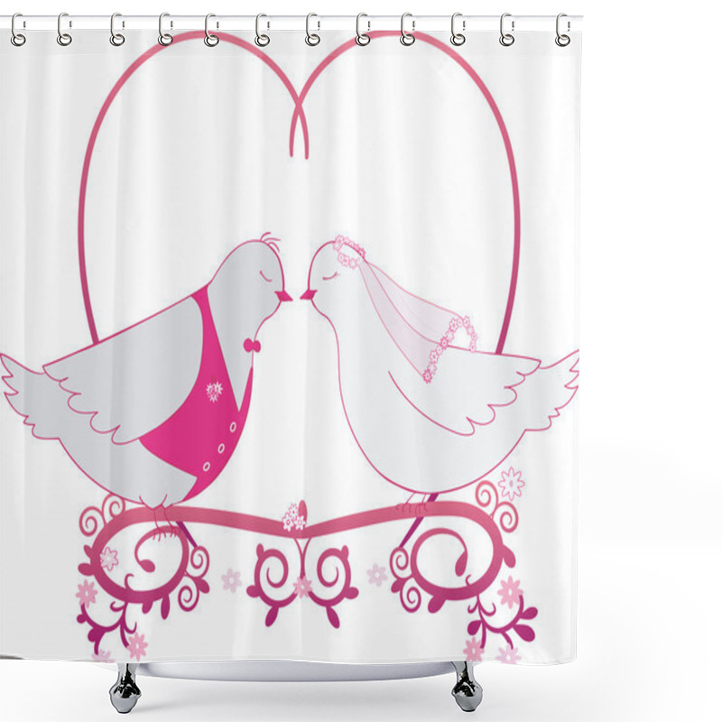 Personality  Illustration Wedding Pigeons And Heart. Icon Or Card Of Doves Shower Curtains