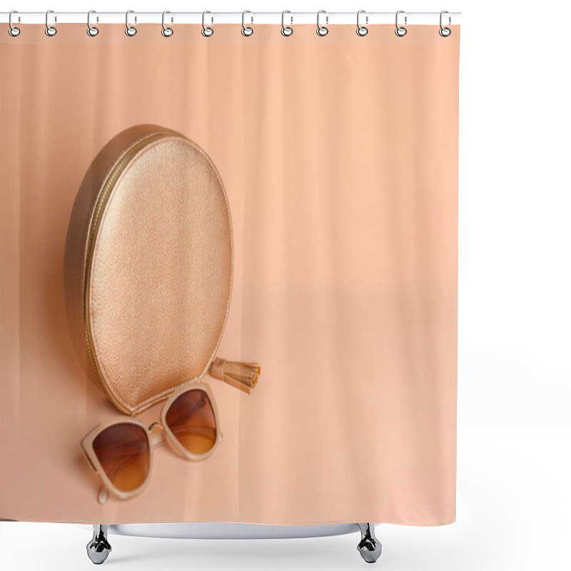 Personality  Stylish Woman's Bag And Sunglasses On Pale Pink Background. Space For Text Shower Curtains