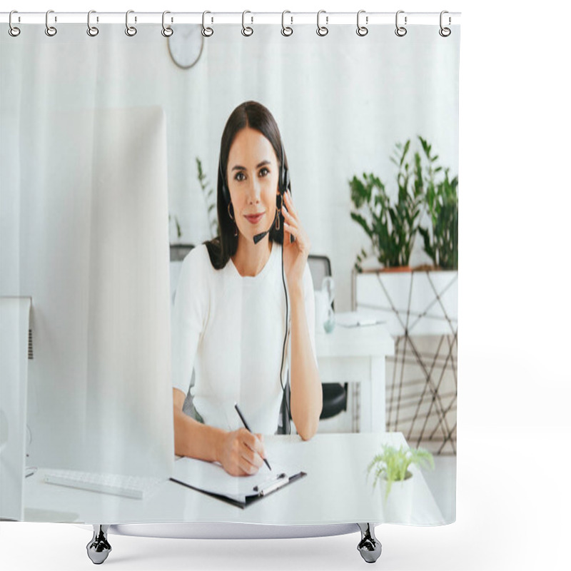 Personality  Selective Focus Of Cheerful Broker Touching Headset And Holding Pen Near Clipboard  Shower Curtains