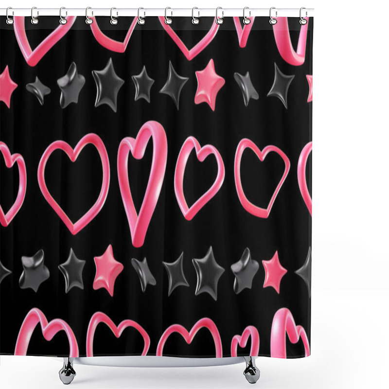 Personality  Striking Valentine-themed Pattern Featuring Cute 3D Pink Hearts And Stars, On Dramatic Black Background. Perfect For Creating Romantic Designs, Valentines Day Projects, Or Any Festive Theme Shower Curtains