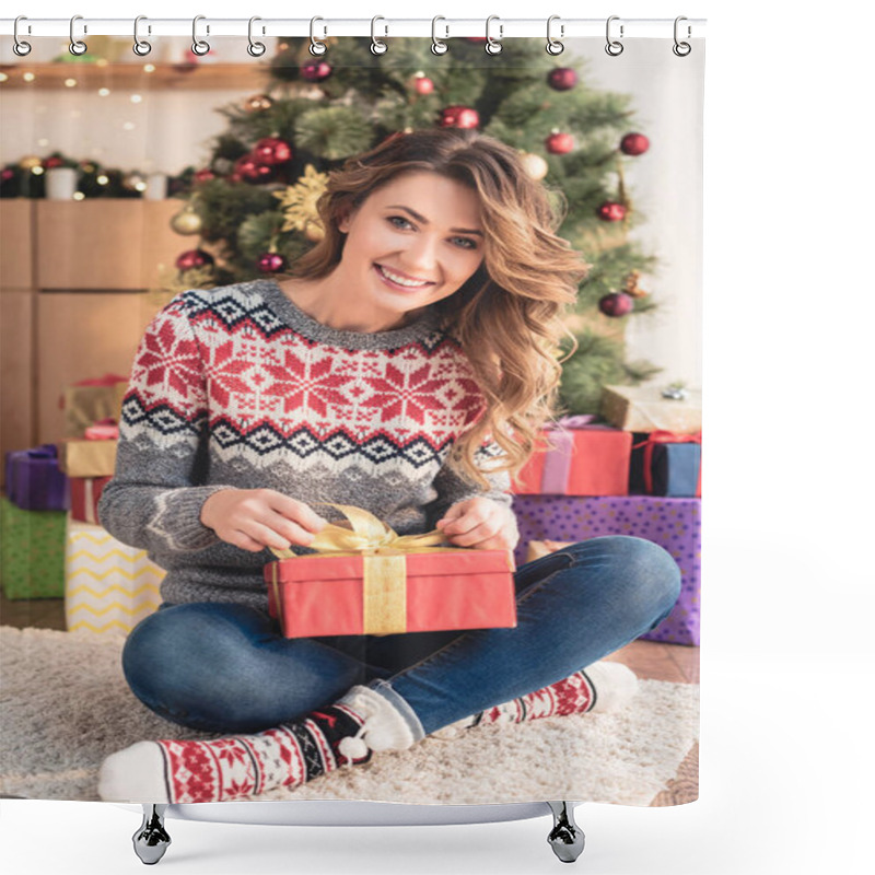 Personality  Beautiful Smiling Woman Preparing Present For Christmas Eve At Home And Looking At Camera Shower Curtains