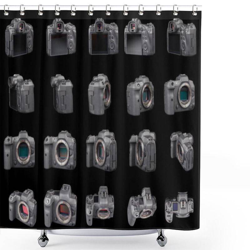 Personality  Set Of Black Professional 35mm Full-frame Mirrorless 2020s Camera Body With Flip Screen Isolated On Black Background -Tula, Russia, September 15, 2021 Shower Curtains