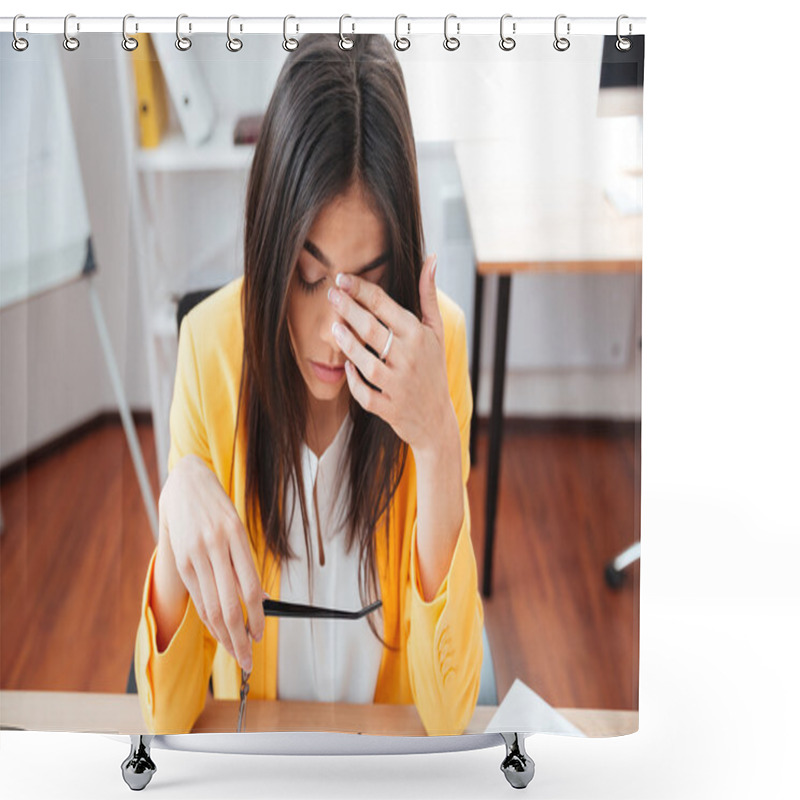 Personality  Tired Businesswoman Sitting At Her Workplace Shower Curtains