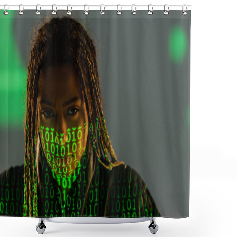 Personality  Portrait Of African American Woman With Projection Of Binary Code Looking At Camera On Grey Background  Shower Curtains