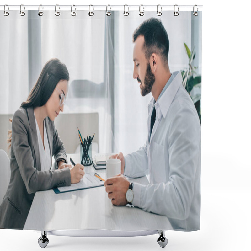 Personality  Side View Of Patient Signing Insurance Claim Form In Clinic  Shower Curtains