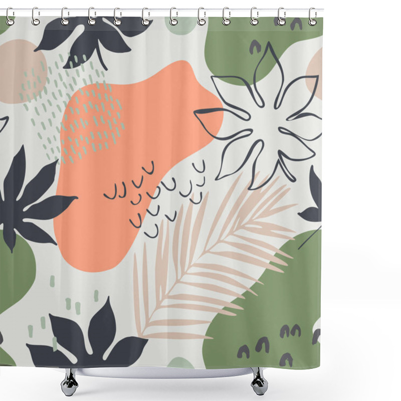 Personality  Abstract Seamless Pattern: Tropic Leaves Silhouettes And Line Art, Organic Geometric Shapes, Doodle Textures In Minimal Style. Vector For Print, Textile, Fabric, Wallpaper Design, Summer Background Shower Curtains