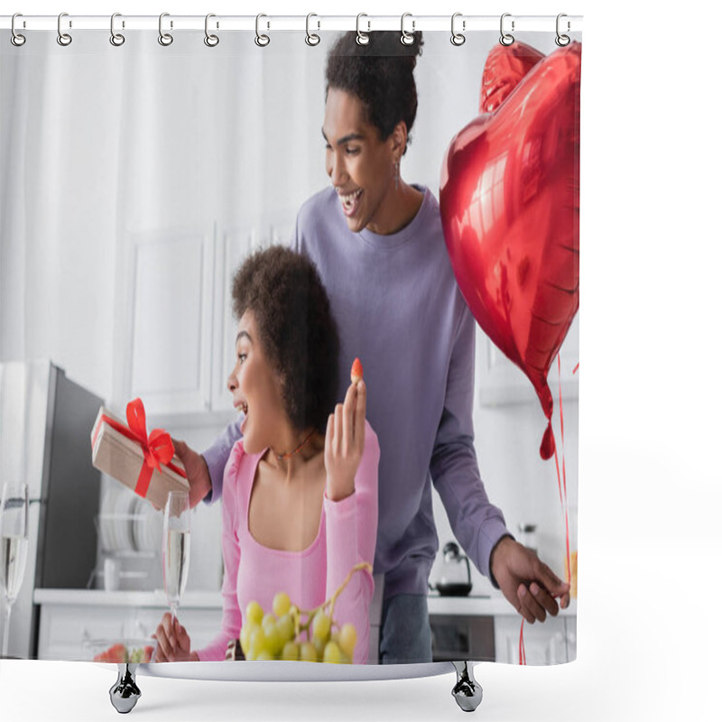 Personality  Happy African American Man Holding Heart-shaped Balloons And Gift Near Girlfriend With Present And Strawberry At Home  Shower Curtains